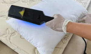 persona con guanti utilizza uno speciale macchinario per la sanificazione di un materasso